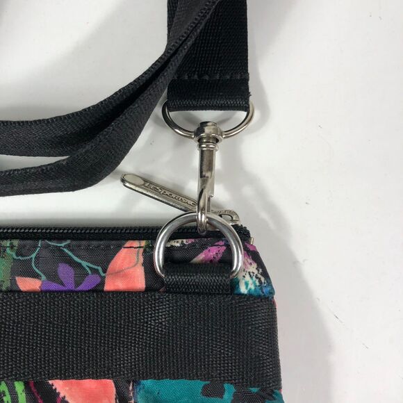 Vibrant LeSportsac Crossbody Pouch Bag Black Floral Multi-Zip Travel Shoulder - Picture 5 of 10